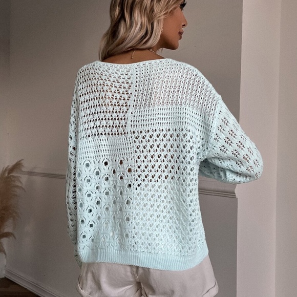 Boho Light Blue Off Shoulder Knit Sweater Top - Picture 4 of 5